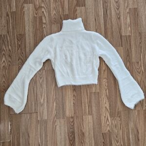 Women's Soft And Fuzzy White Turtleneck Sweater With Bell Sleeves